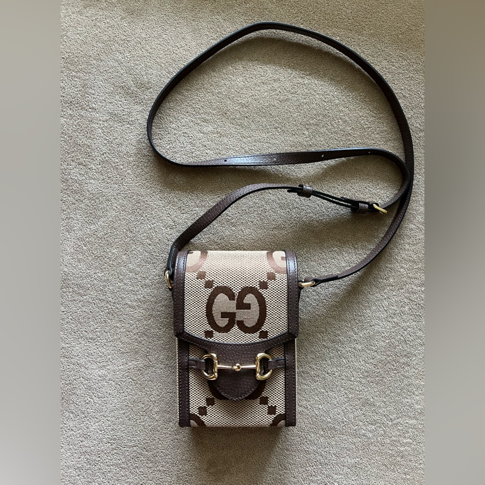 Gucci Jumbo GG Mini Messenger Phone Bag in Logo Canvas Camel Ebony - Picture 2 of 13